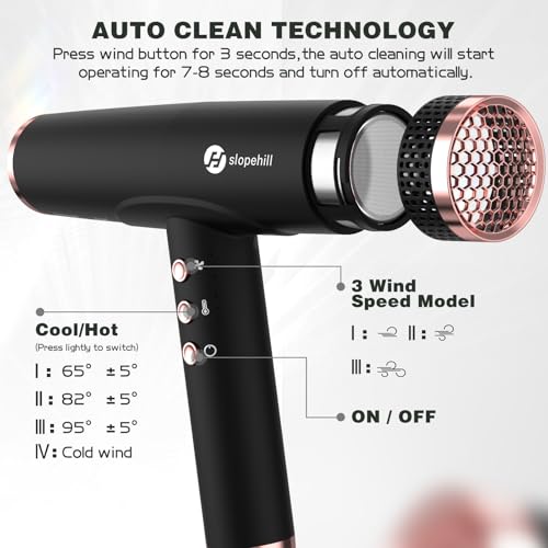 Image of slopehill Professional Ionic Hair Dryer with Diffuser - Lightweight, Compact, Powerful & Fast Salon Blow Dryer with High Speed Brushless Motor for Travel, Women & Men Ceramic, Black