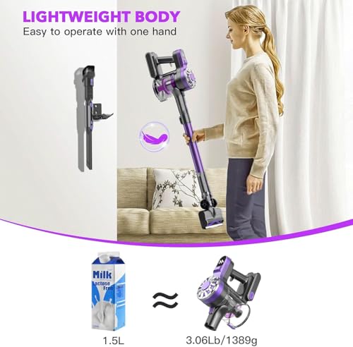 Image of Cordless Vacuum Cleaner, 6 in 1 Lightweight Stick Vacuum with Rechargeable Battery, Handheld Conversion, LED Headlights & 180 Swivel Brush, for Hardwood Floor Carpet Pet Hair Stairs Car(Light Purple)