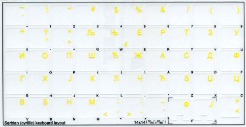 Serbian Keyboard Decals ON Transparent Background with Blue, Orange, RED, White OR Yellow Lettering (14X14) (Yellow)