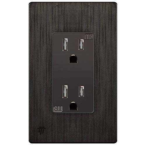 Image of ENERLITES 61501 Elite Series Decorator Receptacle, Child Safe Tamper-Resistant Outlet, Gloss Finish, Self-Grounding, Residential Grade, 15A 125V, 61501-TR-DBWBP, Brushed Dark Bronze With Wall Plate