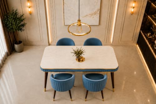 Image of WOODEN SPACE Majestic 4 Seater Wooden Dining Table Set | Urban Marble Top Dining Table with Chairs for Dining Room & Kitchen (Blue Majestic Backline)