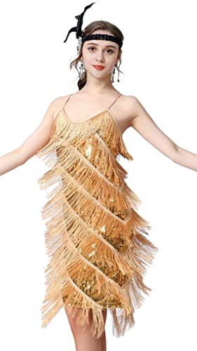 Image of Women 1920s Gatsby Flapper Dress Sexy Open Back Strap Fringed Cocktail Party Dress with 20s Accessories