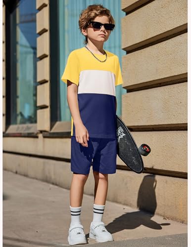 Image of Arshiner Boys' 2-Piece Cotton Outfit Color Block T-Shirt and Shorts Set Summer Camo Clothes for Kids 5-14 Years