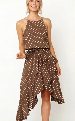 Image of ECOWISH Polka Dot Women Summer Dresses Casual Midi A Line Ruffle High Low Sleeveless Boho Floral Halterneck Cocktail Sundress