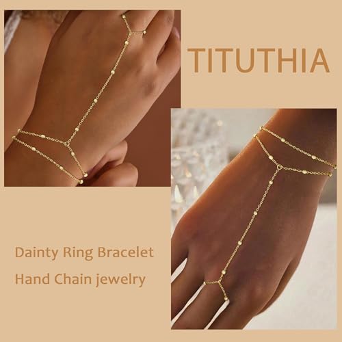Tituthia 14k Gold Filled Layered Hand Chain Bracelet and Ring Set for Women – Non-Tarnish, Trendy Beaded Jewelry Gift - Image 5