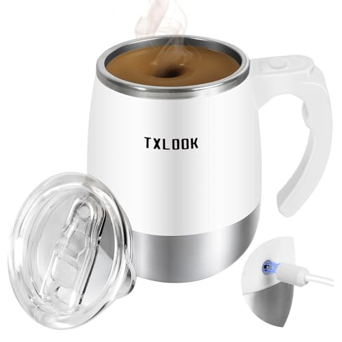 TXLOOK Self Stirring Mug, Rechargeable Automatic Magnetic Stirring Coffee Mug with Transparent Lid, 400ml, White, Stainless Steel Liner + Plastic Shell, Perfect for Home, Office, Gym, School