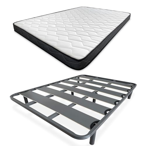 amuéblate online - Cama Completa con Colchón Fit Reversible (Cara Invierno/Verano) + Somier Reforzado 40x30mm con 6 Patas Metálicas Roscadas, 135 x 190