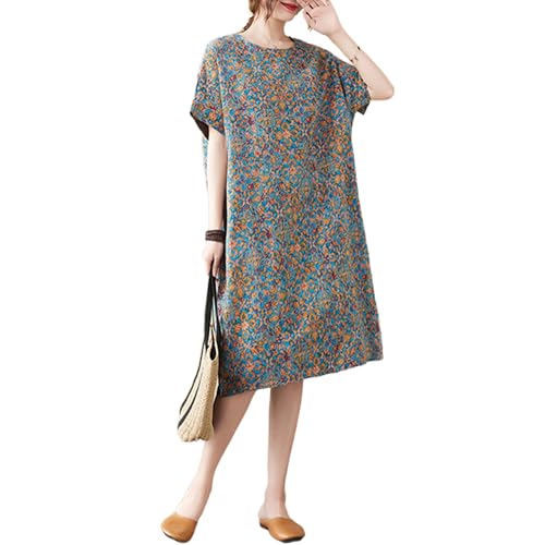 Image of LUZU JUNU Women's Summer Baggy Plus Size Loose Cotton Linen Long Boho Beach Dress with Pockets