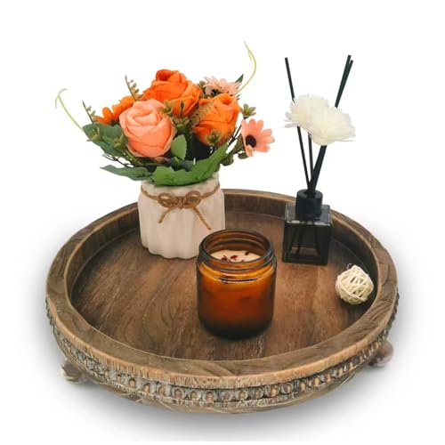 Round Wood Tray for Home Decor, Wooden Decorative Tray for Kitche...