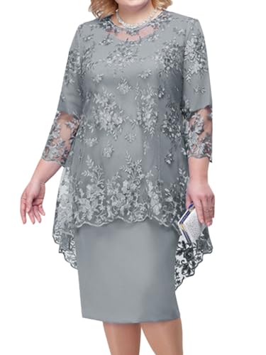 shownicer Damen Elegant Cocktailkleid mit Spitze Vintage 3/4 Ärmel Rundhals Spitze Knielang Zweiteiliges Set Kleider Festlich Abendkleid Große...