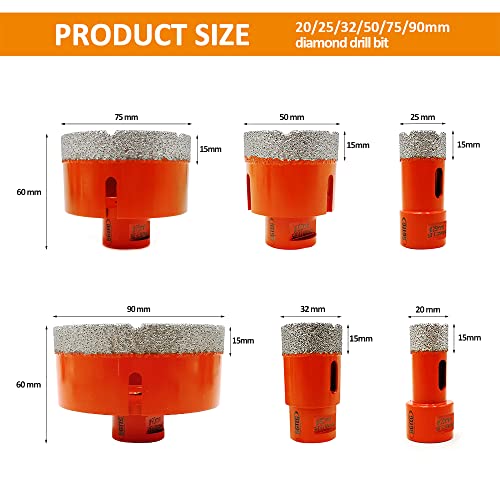 BGTEC Diamond Core Drill Bits Set-6pcs Diamond Hole Saw for Porcelain Tile Ceramic Marble Brick Mixed 20/25/32/50/75/90mm - Thumbnail 2