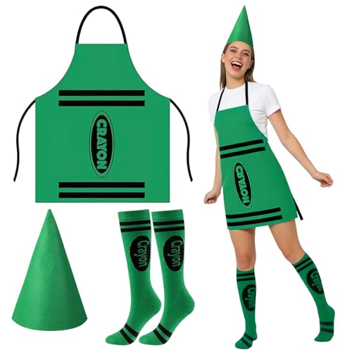 VZRJQ 3 Pcs Green Crayon Costume Set Unisex Fancy Dress Outfit Includes Apron Cone Hat Striped Socks for World Book Day Halloween Christmas Cosplay