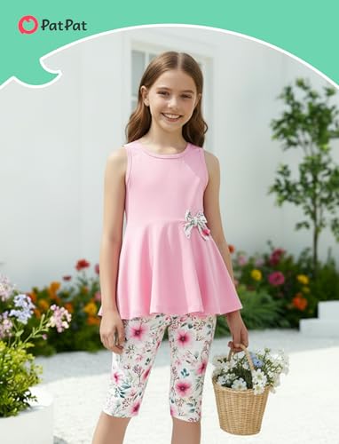 Image of PATPAT Girls Summer 2 Piece Outfits 4-12Y Butterfly Bow Sleeveless Tunic Tops and Floral Print Shorts Cute Clothes