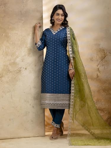 Image of VredeVogel Women's Chanderi Silk Embroidered Kurta with Pant & Organza Dupatta Set | Casual Outfit Ethnic Kurta Set for Women | Modern & Traditional Blend Ethnic Wear