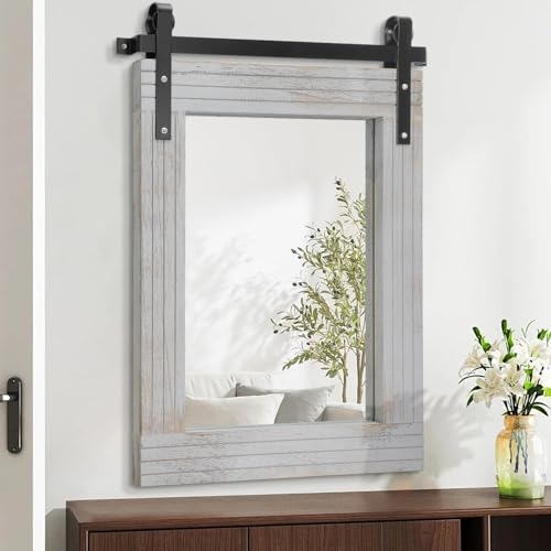 AAZZKANG Grå väggspegel träram rektangulära speglar med metallfäste stor 65 x 45 cm dekorativ för bondgård sovrum badrum vardagsrum