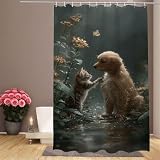 Cortina de Ducha 120x200cm Cortina Ducha Perro Cortinas de Baño Gato Cortinas Baño, Lavable Tela Poliéster Impermeable, Dobladillo Ponderado, Shower Curtain con 12 Ganchos para Familiar Hotel IR-433