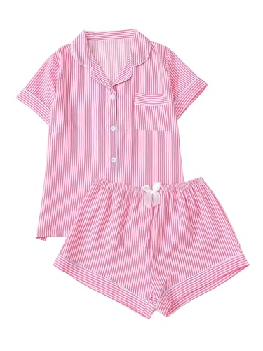 Image of BEAUDRM Women's Two Piece Pajama Sets Allover Print Short Sleeve Sleepwear Button Down Shirt and Bow Shorts Pj Set Loungewear