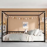 Canopy Floor Bed for Kids – Queen Size, Matte-Black Steel Frame with Safety Fence, Unisex Design for Boys & Girls, Box Spring Required, Quick Assembly (Queen)