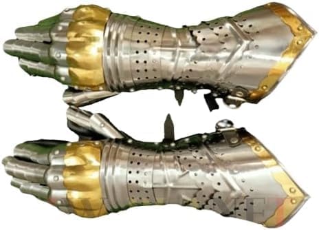 Medieval Armor Gauntlets Armor Pair I Brass and Natural silver Accents Medieval Knight Crusader Steel Gauntlet