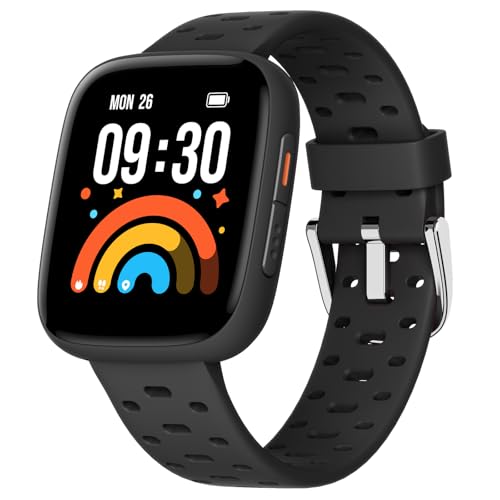 BIGGERFIVE Smartwatch Kinder mit/ohne App, 1,8' Fitness Uhr Schrittzähler, 24/7 Puls, Wecker, 30m Wasserdicht, Schlafmonitor, Puzzlespiele, 100+ Zifferblätter für Mädchen Jungen Teens 5–16, Schwarz