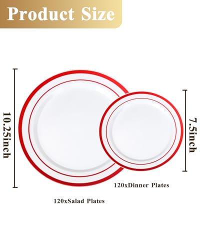 Image of Goodluck 200 Pack Red Rim Plastic Plates - 100 Dinner Plates (10.25 inch) & 100 Dessert Plates (7.5 inch) - Heavy Duty Disposable White Plates with Elegant Red Trim - Premium Dinnerware Set for Wedding