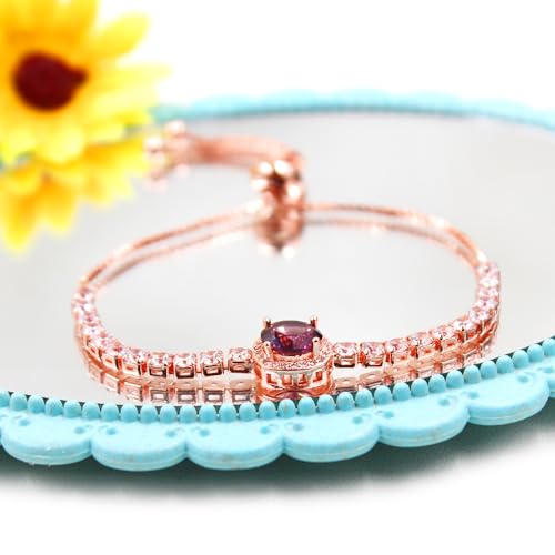 Image of Rose Plated Gold Brass Box Chain Cubic Zirconia Classic Tennis Slider Adjustable Bracelet, Round Big Zircon Charm Give Woman Mom Mother's Day Fashion Crystal Gift