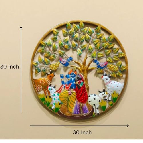 Image of SHREE 'O' GREEN TECH - Metal Radha Krishna with Cow Wall Art Frame Decorative Wall Hanging Sculpture for Home, Living Room, Temple Decor Traditional Indian Wall Decor Showpiece (Size 30x30 Inch)