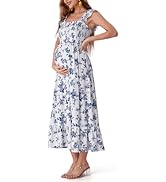 SUNNYBUY Summer Maternity Maxi Dress, Floral Pregnancy Dress with Smocked Bodice Ruffle Sleeves f...