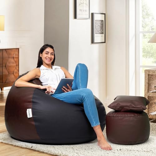 Image of Amazon Brand - Solimo 5XL Premium Faux Leather Bean Bag with Footstool & Cushion Combo for Living Room | Bean Bag Filled with Beans | Capacity Upto 6'7 inch Height & 130 Kg Weight | (Black & Brown)