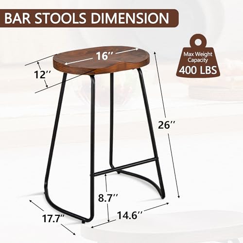 HeuGah Bar Stools Set of 4, Saddle Seat Bar Stools with Metal Legs, Rustic Backless Counter Height Stools, Industrial Counter Stools (Walnut, 26 Inch)