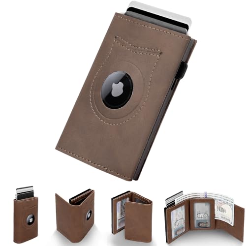 Wallet for Men Minimalist Compact Pop Up Credit Card Holder, Front Pocket Smart RFID Blocking Mens Slim Wallet,Ultra Thin Trifold Mens Leather Wallets Metal Aluminum Card Case (Light Brown)