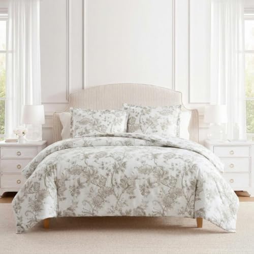Image of Martha Stewart - Twin Comforter Set, Smooth Sateen Front with Subtle Sheen & Lightweight Cotton Percale Reverse, 2 Piece Bed Set with Matching Pillowcase (Avery Floral Grey)