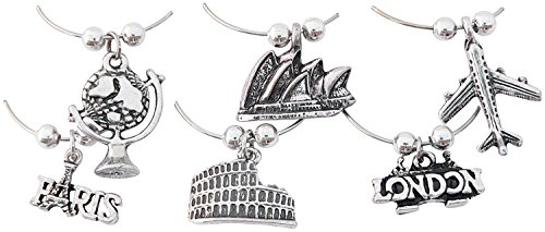 World Travel Wine Glass Charms - Silver Plated - Set of 6 - Gift Packaged World Travel Wine Glass Charms - Silver Plated - Set of 6 - Gift Packaged
