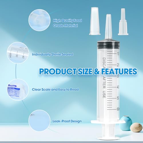 Image of 60ml Syringe for Liquid,50 Pack Large Plastic Syringes with Adapters and Cap,Individually Sealed Syringe for Feeding,Irrigation Water and Scientific Labs