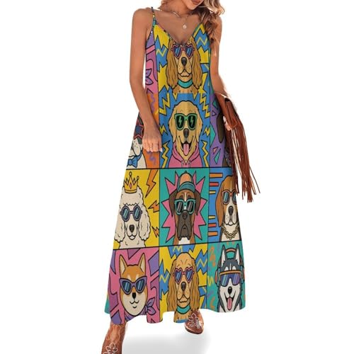 Robe longue imprimé chien V pour femme grande taille sans manches bleu