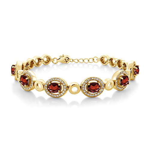 Gem Stone King 6-10 Cttw Oval Gemstone Birthstone Tennis Bracelet For Women | 18K Yellow Gold Plated Silver | Oval 7X5MM | 7 Inch with 1 Inch Extender