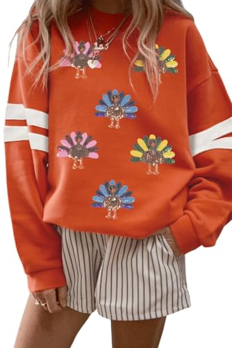 BCWCM Thanksgiving Sweatshirts for Women Turkey Varsity Striped Sequin Long Sleeve Tops Casual Pullover Oversized Sweatshirts