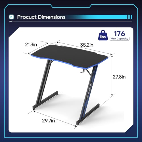 Image of BestOffice Gaming Desk 35 in PC Computer Desk Z Shaped Gaming Workstation Ergonomic Gaming Table with Headphone Hook for Home Office,Black&Blue