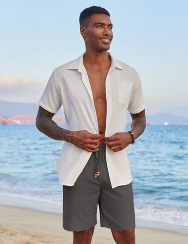 Image of COOFANDY Mens Casual Linen Shorts Elastic Waist Drawstring Loose Fit Summer Beach Vacation Shorts with Pockets
