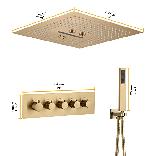 Sistema de ducha Cascada Luxury 16” cuadrado con música, LED y altavoces Bluetooth incorporados, 4 funciones (Lluvia, Cascada, Neblina y ducha de mano), acero inoxidable pulido miniatura 3