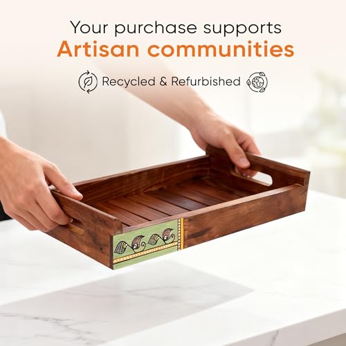Image of AAKRITI ART CREATIONS Trays with Floral Art Handcrafted in Rosewood Set of 2 | Natural Brown Wooden Trays & Platters with Handle | Matte Finish Home | Dining Table & Kitchen Organizer