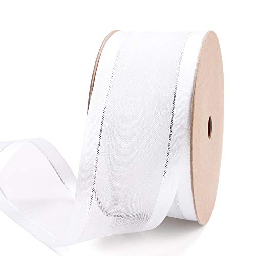 LaRibbons 1.5 inch White Sheer Organza Ribbon - Stain Edges with Silver Glitter Line for Decoration, Craft, Gift Wrappping - 10 Yard/Spool