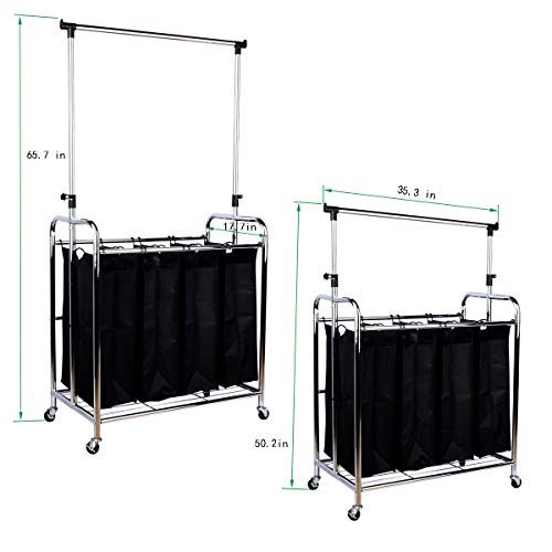 Drm Heavy Duty 4-Bag Laundry Hamper Sorter Cart With Clothes Rack And Rolling Wheels, Chrome #TOP2