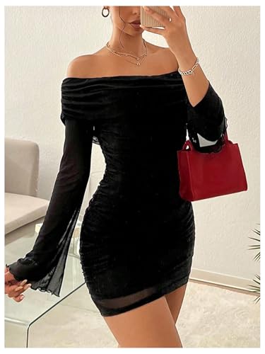 GORGLITTER Women's Off The Shoulder Long Sleeve Summer Ruched Mesh Dress Flare Mini Bodycon Dresses4