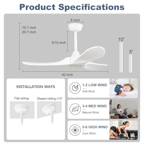 Image of 42'' Ceiling Fan no Light,Outdoor Ceiling Fan with Remote Control,3 Solid Wood Blades with Large Airflow for Bedroom,Living Room,Porch (white)