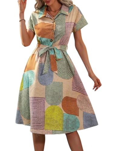 Image of Gufrina Women's Short Sleeve Collar Neck Dress - Geometric Print Button-Down Midi Dress with Tie-Up Belt