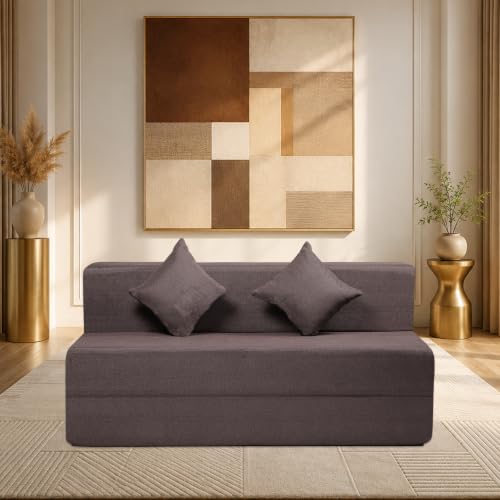 Image of Seventh Heaven Rejioce 3 Seater 5 * 6 Jute Fabric Washable Cover Sofa Cum Bed with 2 Cushions 3 Seater Double Foam Fold Out Sofa Cum Bed (Finish Color - Brown Delivery Condition - Pre-Assembled)