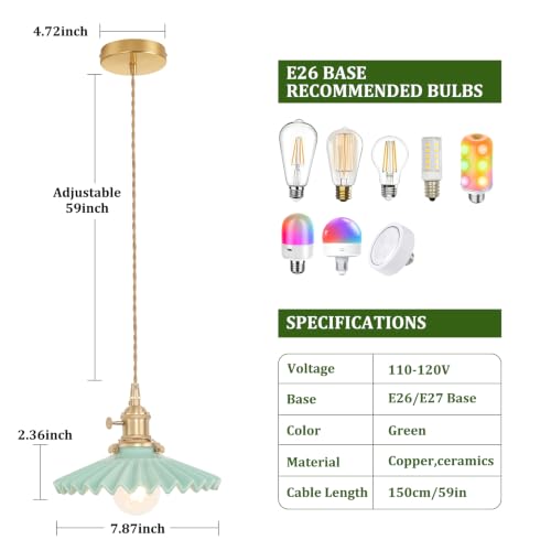 Image of Shenmoyl Pendant Light with Green Pleated Ceramic Lmapshade, Brass Vintage Pendant Light Adjustable Hanging Light for Kitchen Island Dining Room Hallway