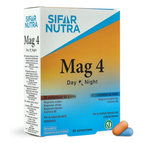 Sifar Nutra Mag 4 Day&Night |Magnesio Completo|Cuatro Sales de Magnesio elemental y Vitamina B6 |Suplemento contra el estrés y la fatiga|Sin Gluten ni Lactosa |Comprimidos Día y Noche|60 comprimidos