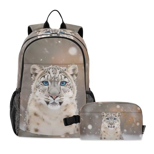Snow Leopard Head Backpack for School Boys Girls and Teens, Backpack for Men and Women, Lightweight Bookbag with Lunch Box Travel Laptop Daypack 18.5 x 11.8 In